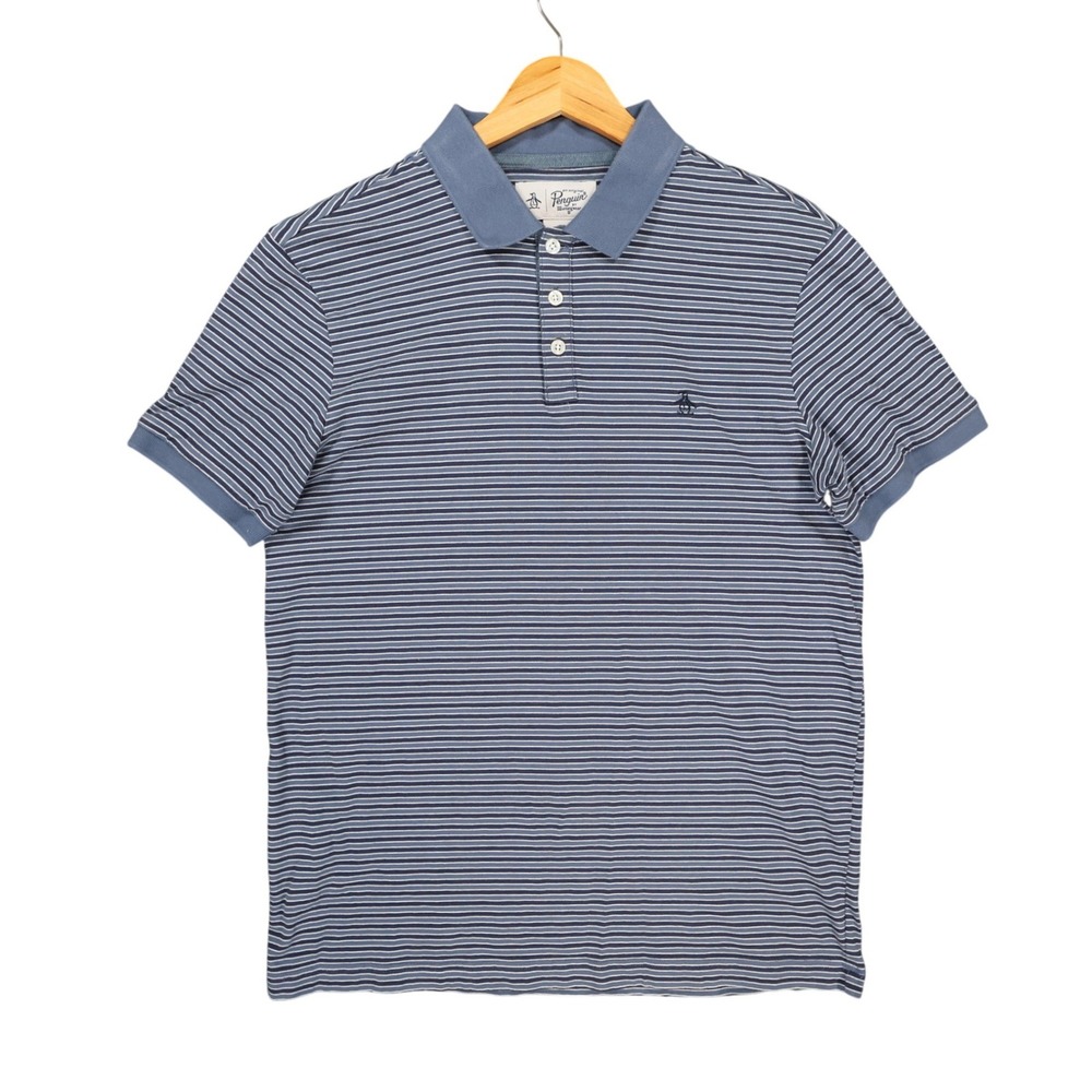 Original Penguin Polo Shirt Mens M Blue 100% Cotton Striped Short Sleeve Casual